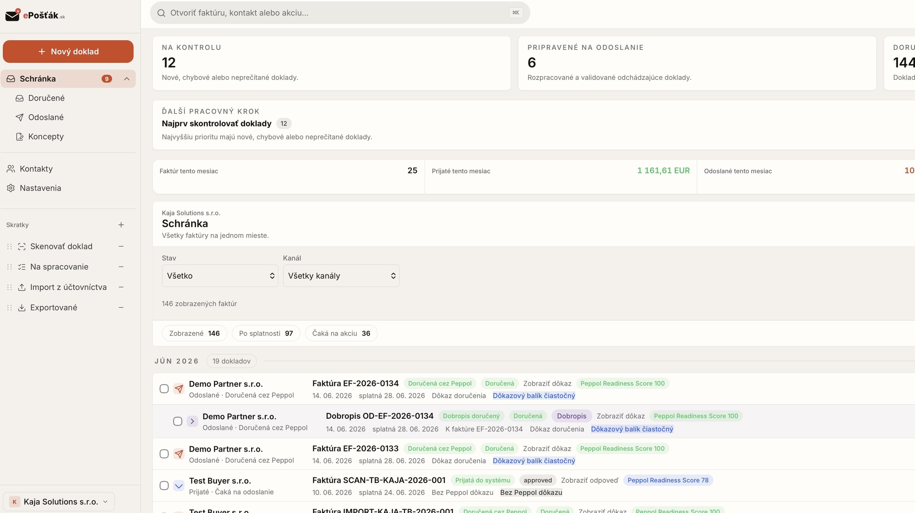 ePošťák web interface — invoice overview with KPI cards