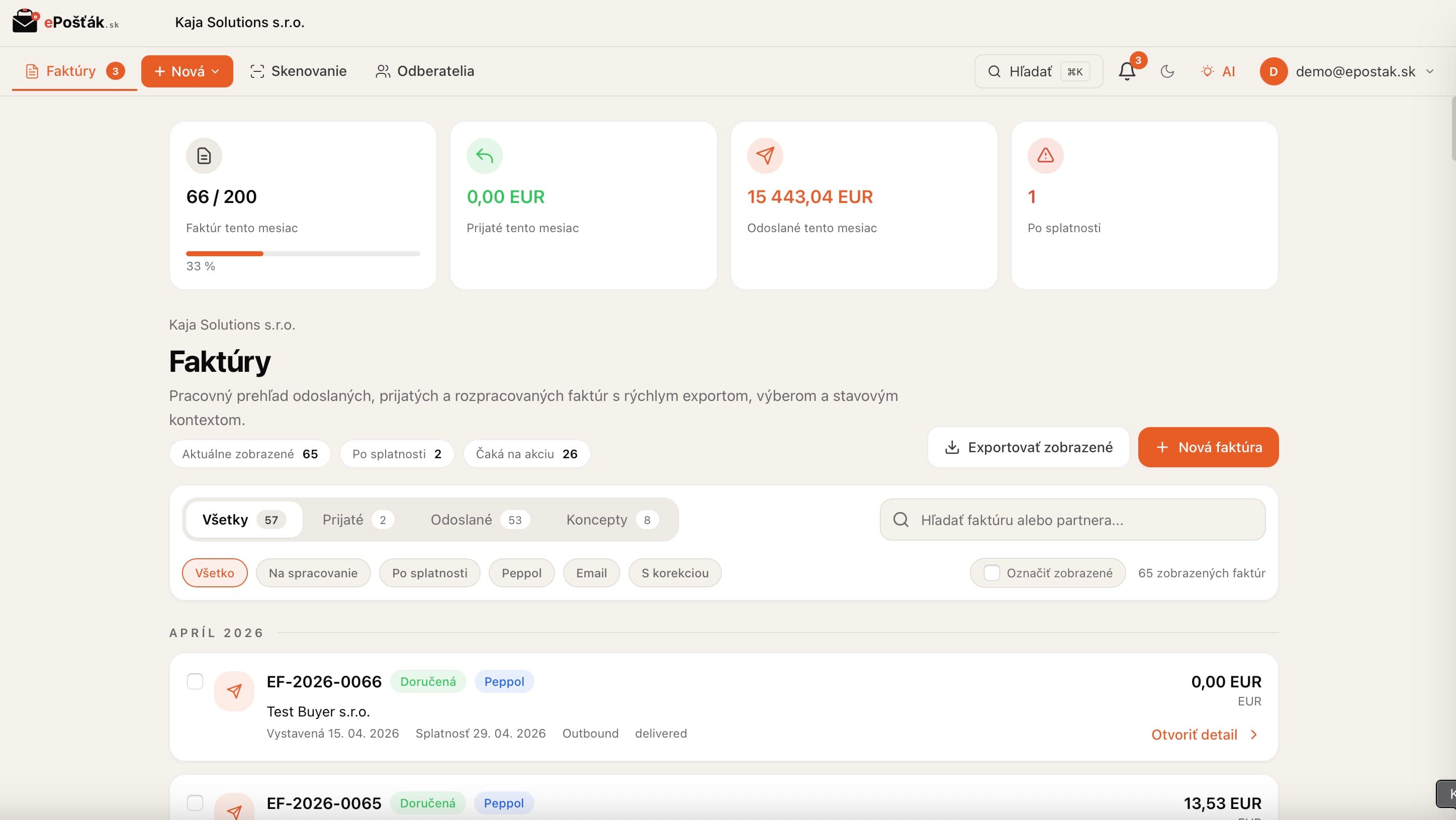 ePošťák dashboard — prehľad faktúr s KPI kartami