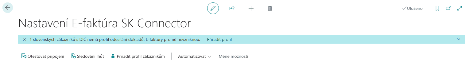 Nastavenie E-faktúra SK Connector v Business Central s tlačidlami Otestovať pripojenie, Sledovanie lehôt a Priradiť profil zákazníkom