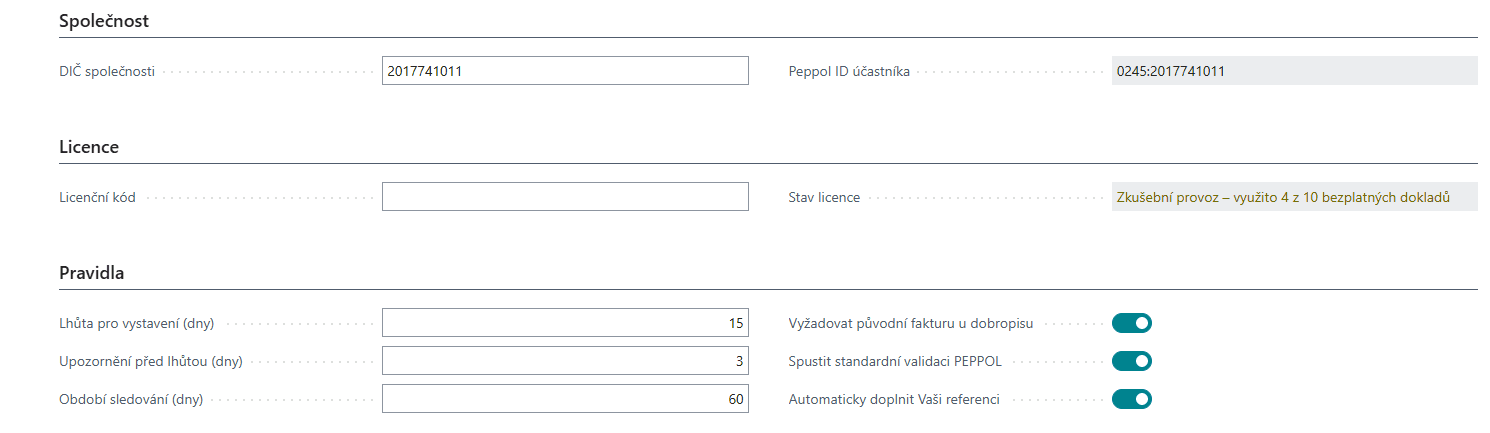 Nastavenie spoločnosti, licencie a pravidiel v E-faktúra SK Connector: Peppol ID 0245:DIČ, skúšobná prevádzka 10 dokladov, lehota na vystavenie a validácia Peppol