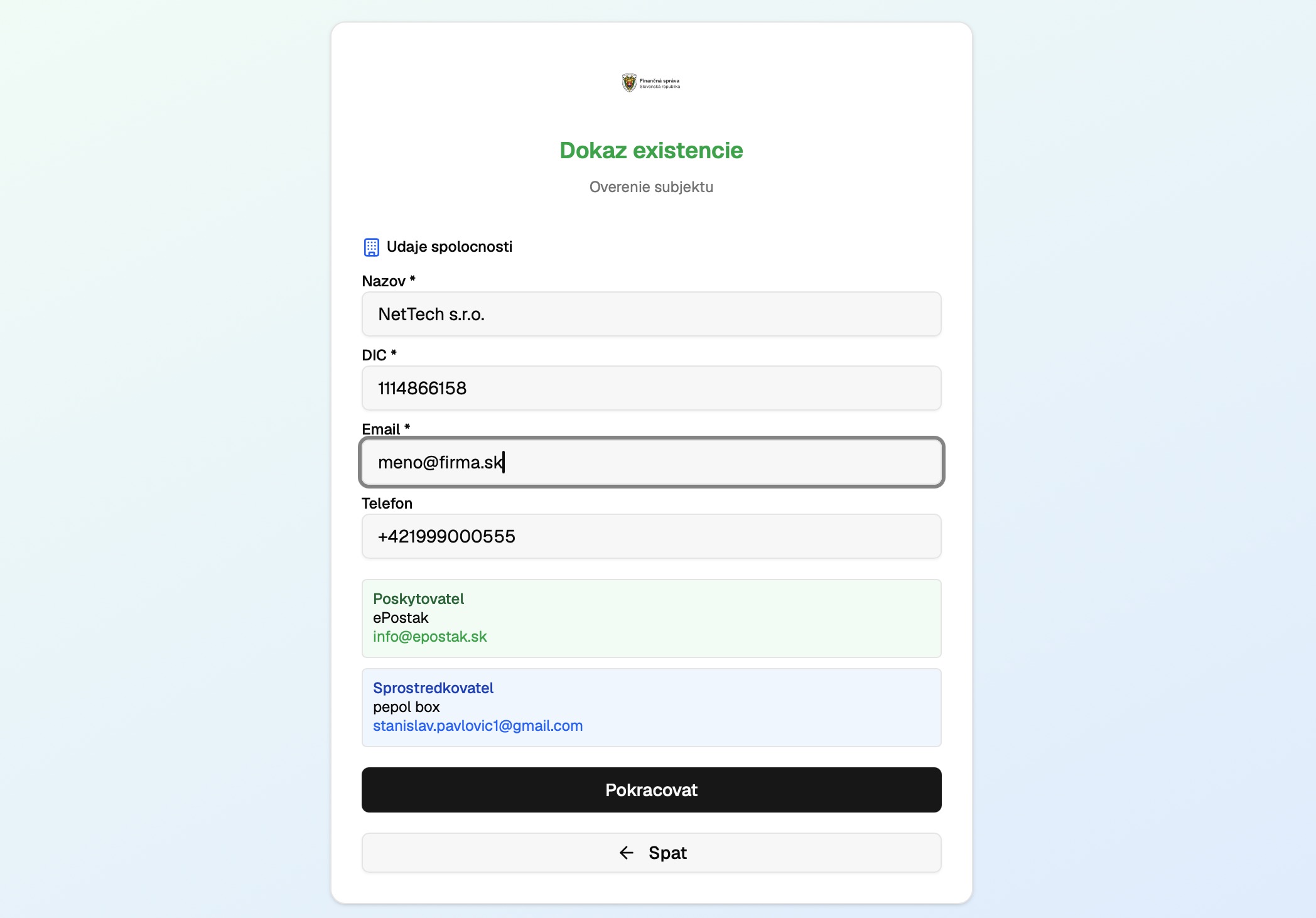Vyplňte údaje spoločnosti