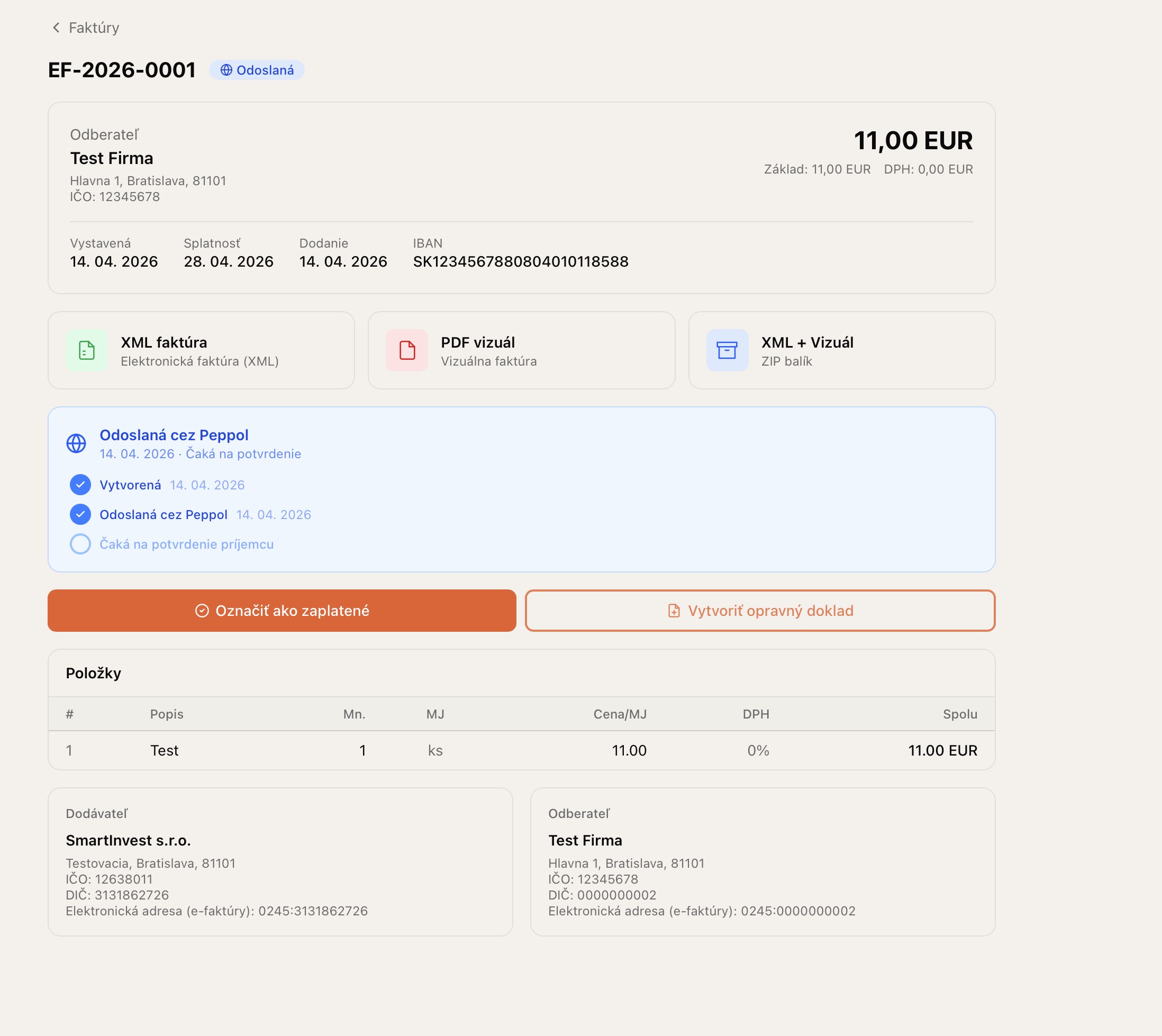 Detail faktúry s tlačidlom Vytvoriť opravný doklad