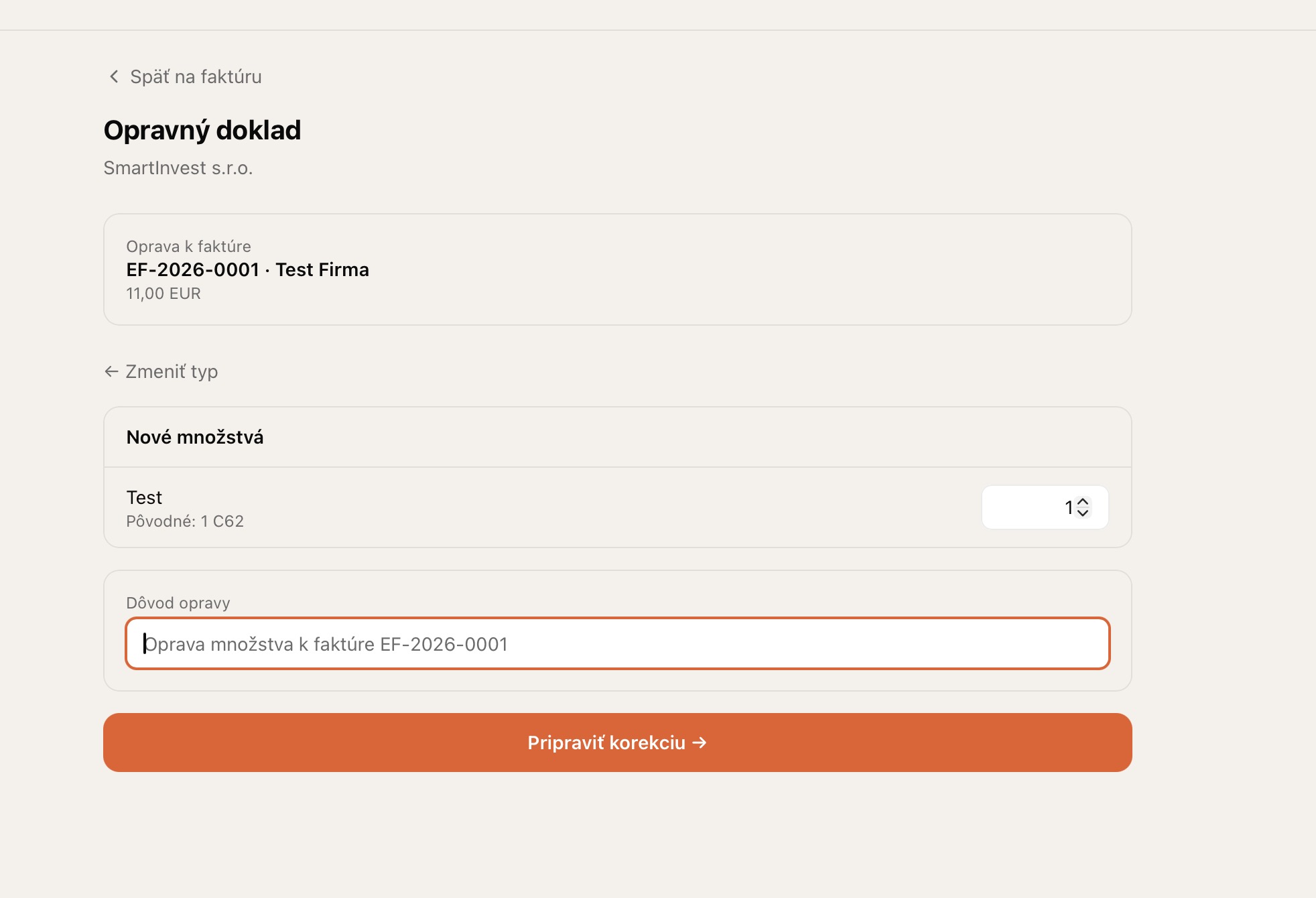 Formulár opravy — zadanie nového množstva a dôvodu opravy