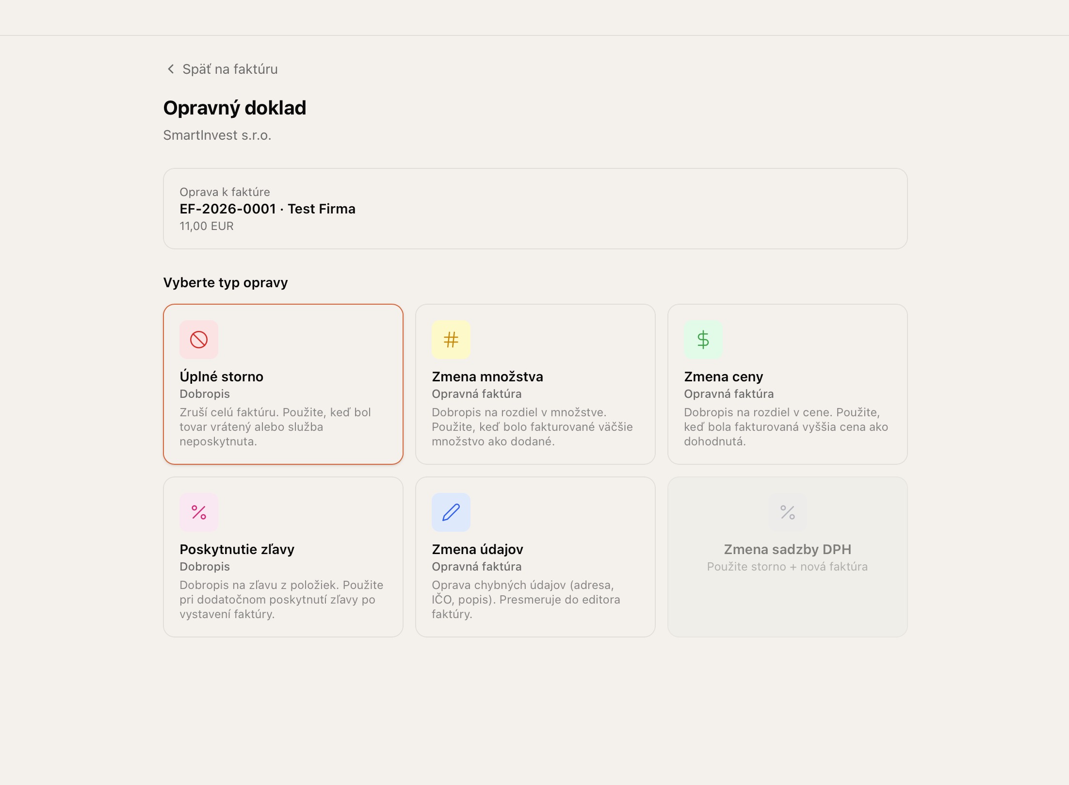 Výber typu opravy — storno, zmena množstva, zmena ceny, zľava, zmena údajov, zmena DPH