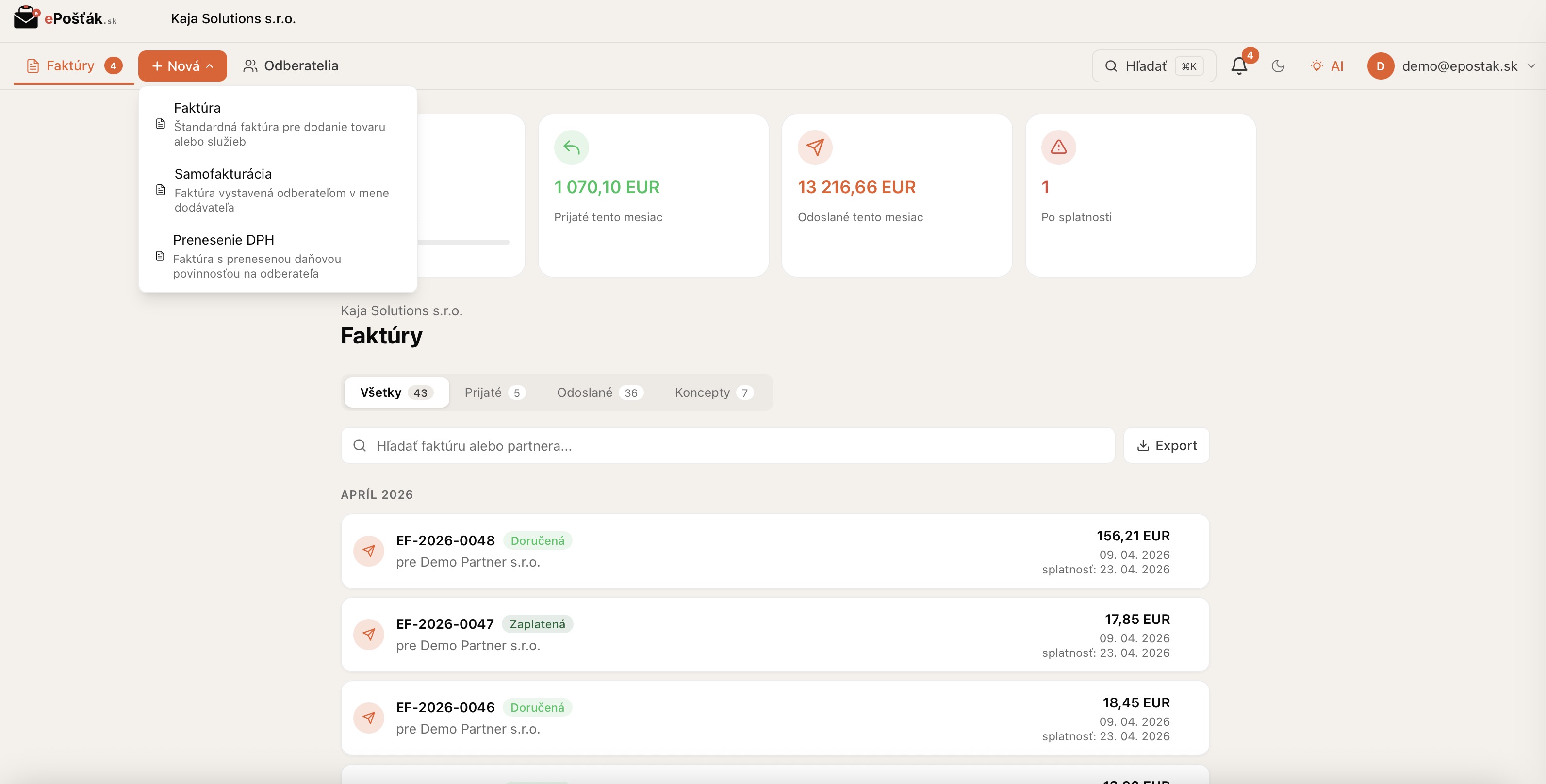 Dashboard Peppol boxu s dropdown menu pre typy faktúr — Štandardná faktúra, Samofakturácia, Prenesenie DPH