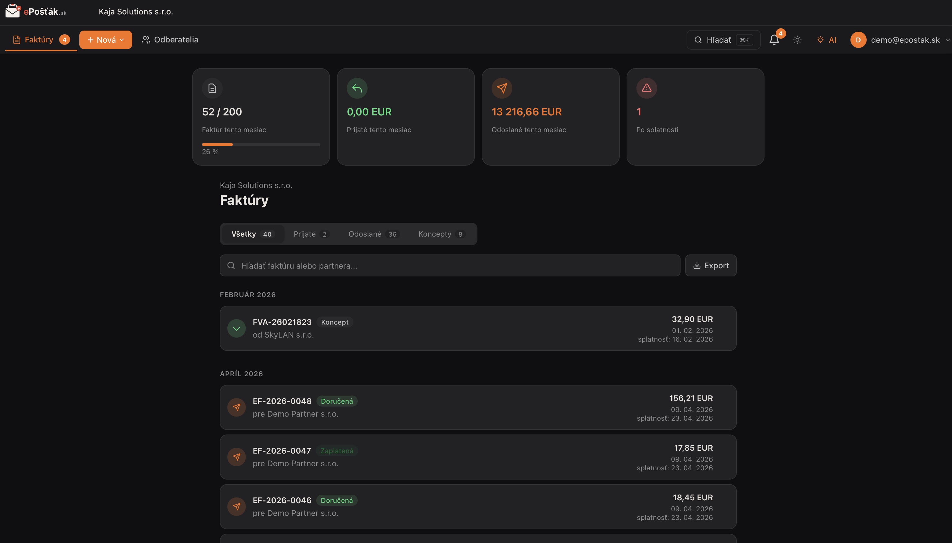 Peppol box v tmavom režime — kompletný dashboard s faktúrami
