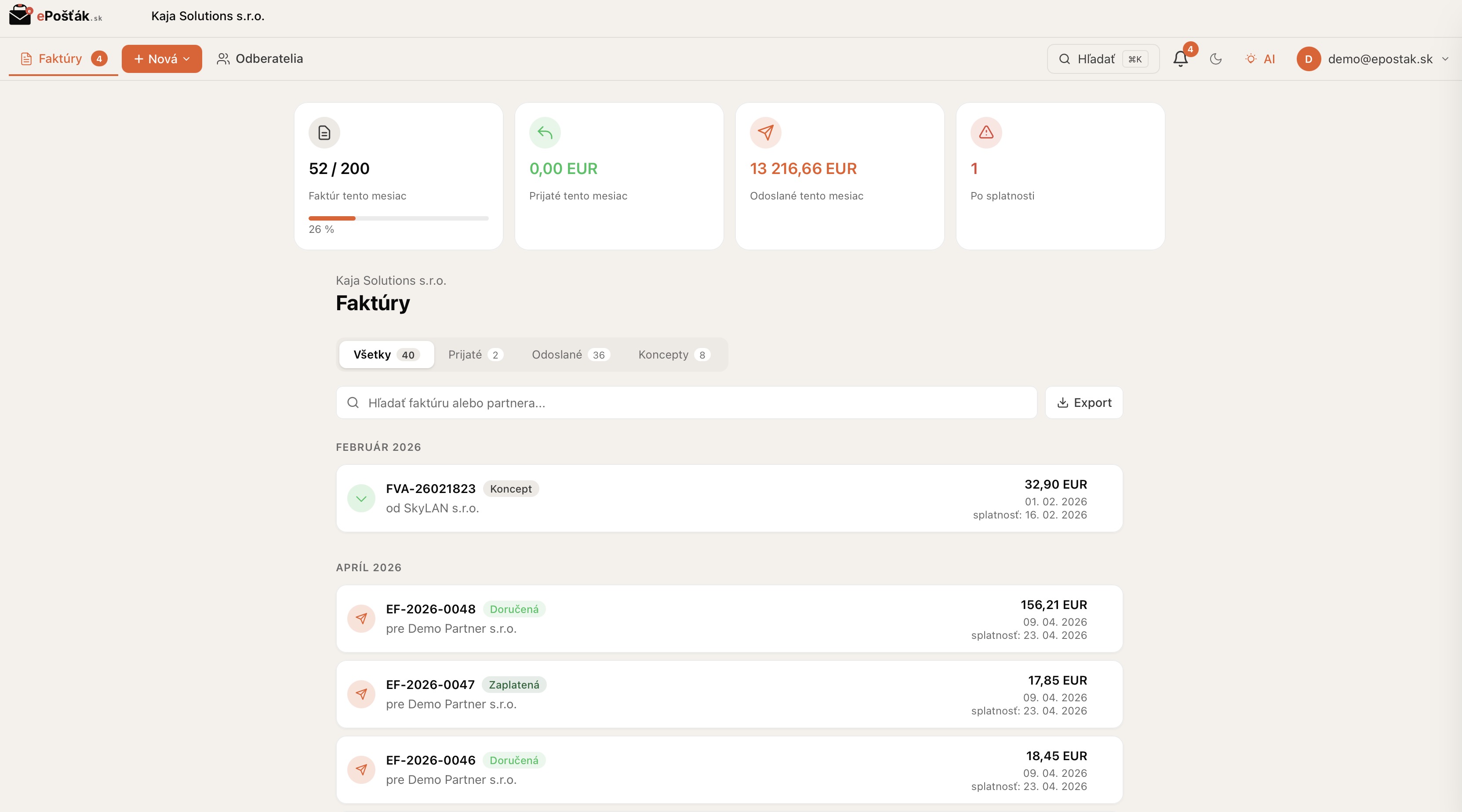 Tá istá faktúra FVA-26021823 uložená v Peppol boxe po OCR importe