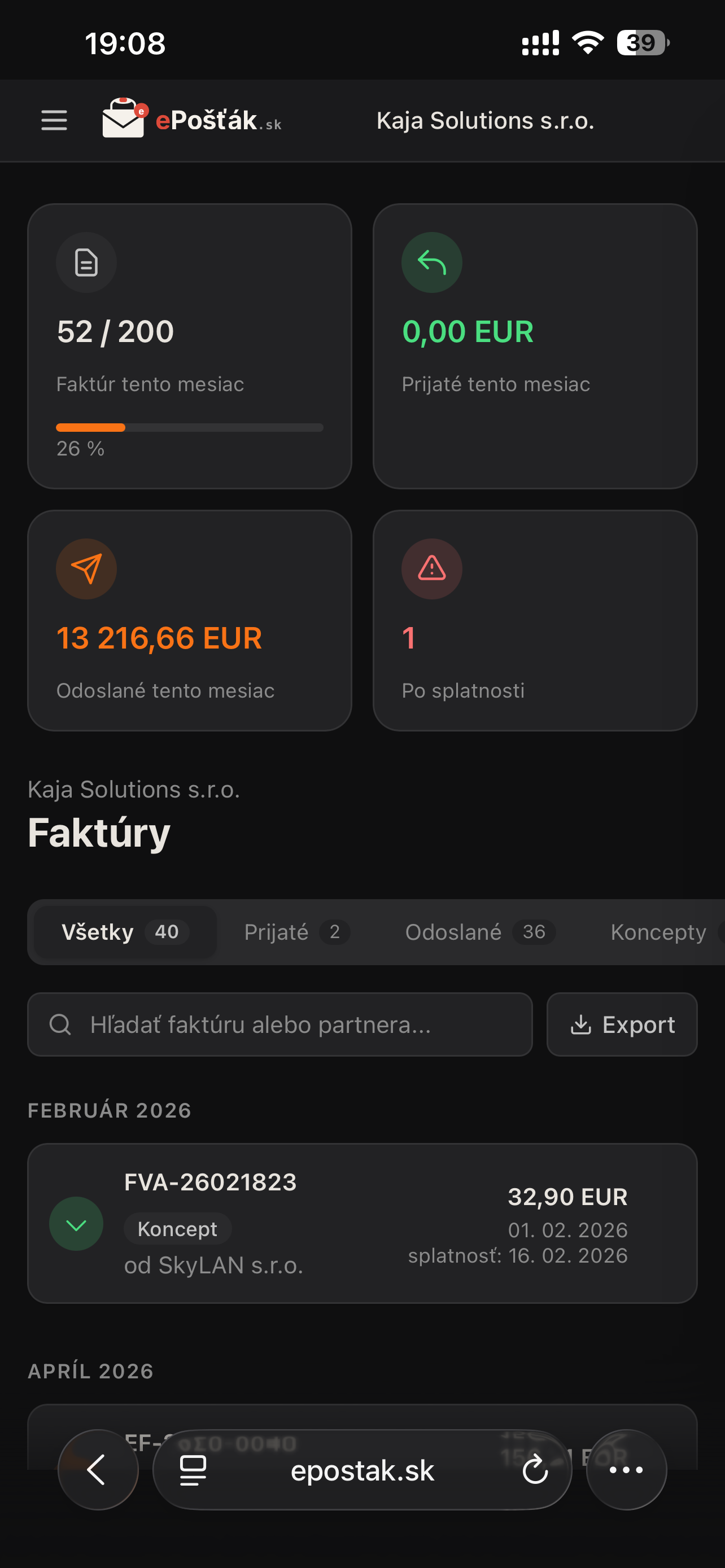 ePošťák Peppol box na mobile — responzívny dark mode dashboard so štatistikami a faktúrami