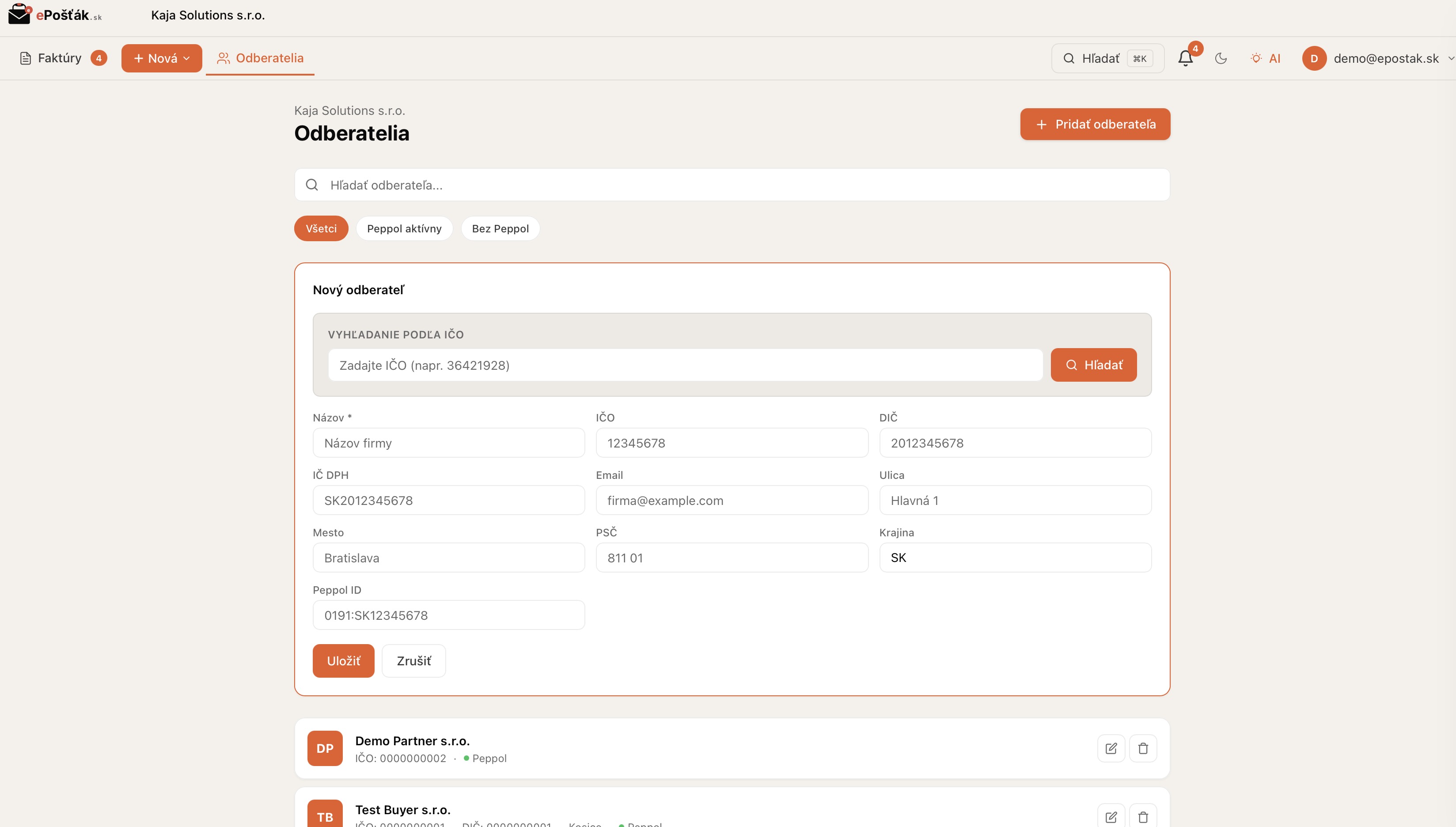 Správa kontaktov a odberateľov v Peppol boxe