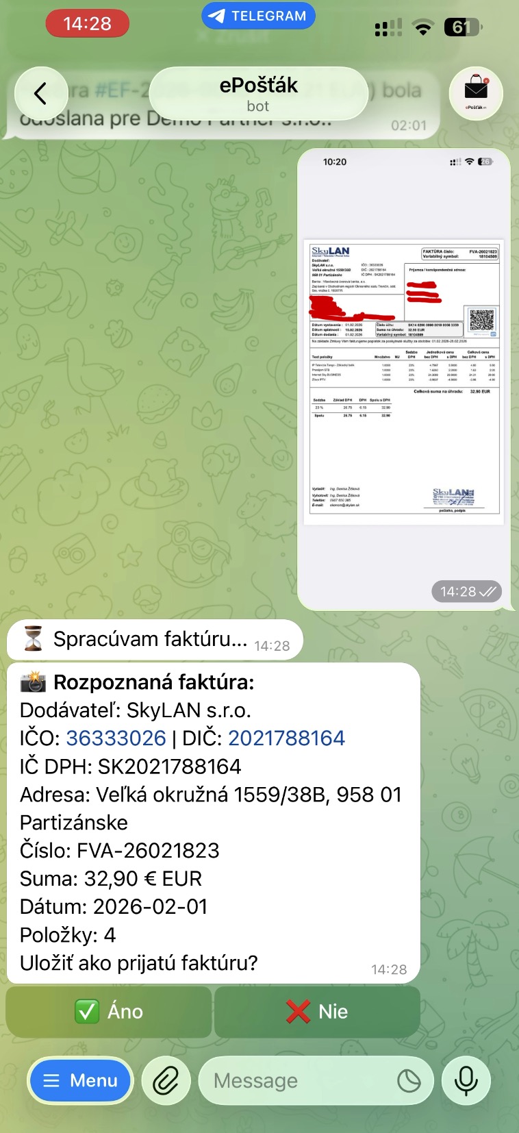 OCR rozpoznanie faktúry cez Telegram — odfotená faktúra SkyLAN, automaticky rozpoznaný dodávateľ, IČO, suma, položky