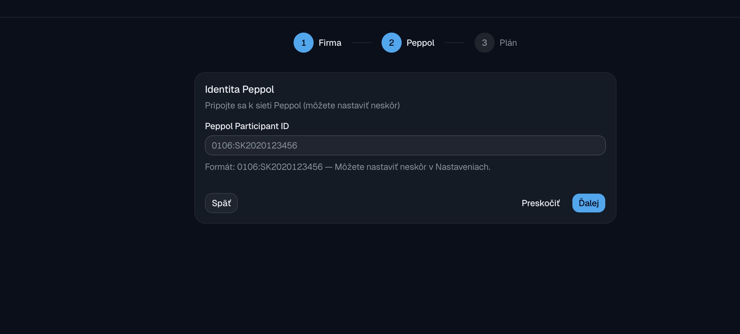 Screenshot z onboarding wizardu toho istého kandidáta: pole Peppol Participant ID s placeholderom 0106:SK2020123456 a popisom 'Formát: 0106:SK2020123456'