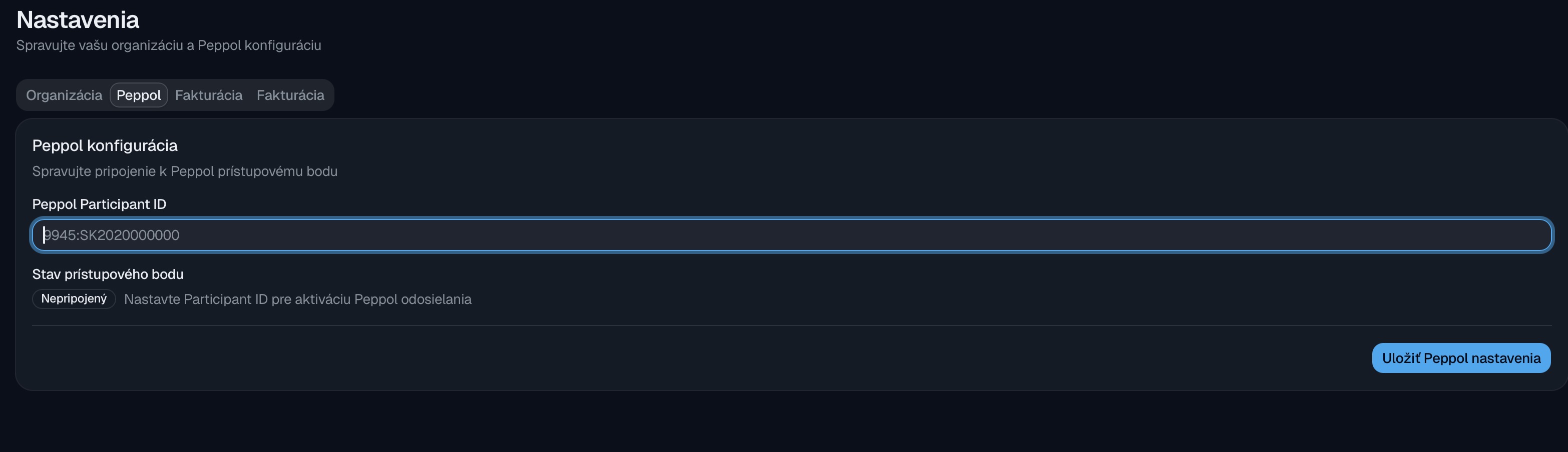 Screenshot z konkurenčnej aplikácie: pole Peppol Participant ID je voľný textový vstup s placeholderom 9945:SK2020000000