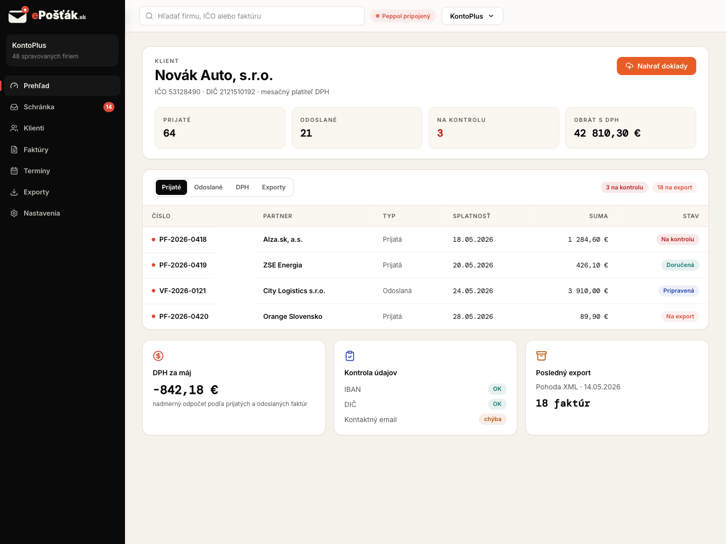 Client detail in the ePošťák accountant portal — incoming invoices, VAT and latest export