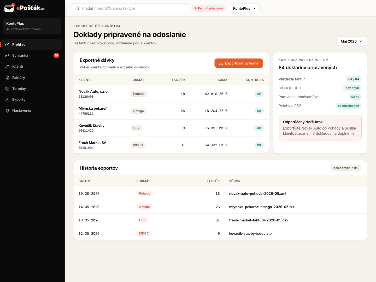 E-invoice export to accounting software — Pohoda, Omega, Money S3, ISDOC